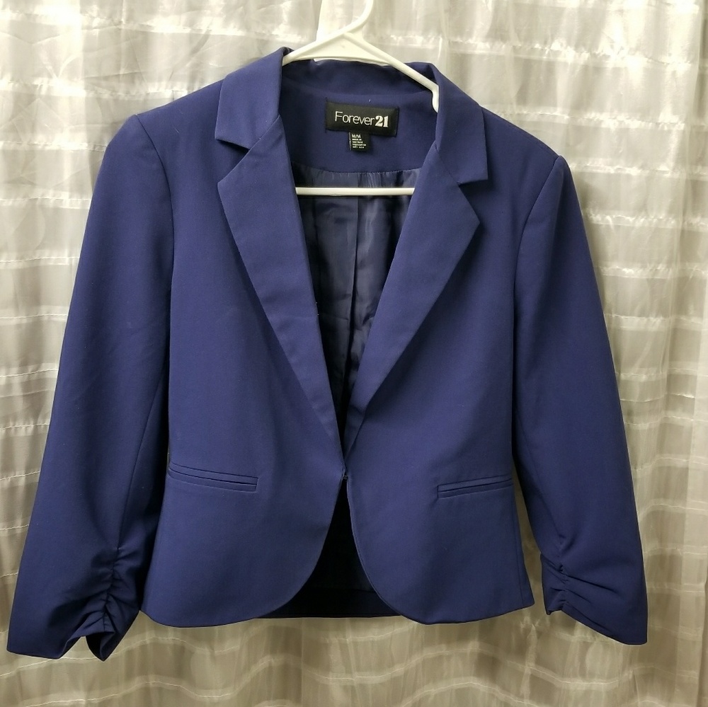 Forever 21 Blazer suit jacket ruched-sleeve navy